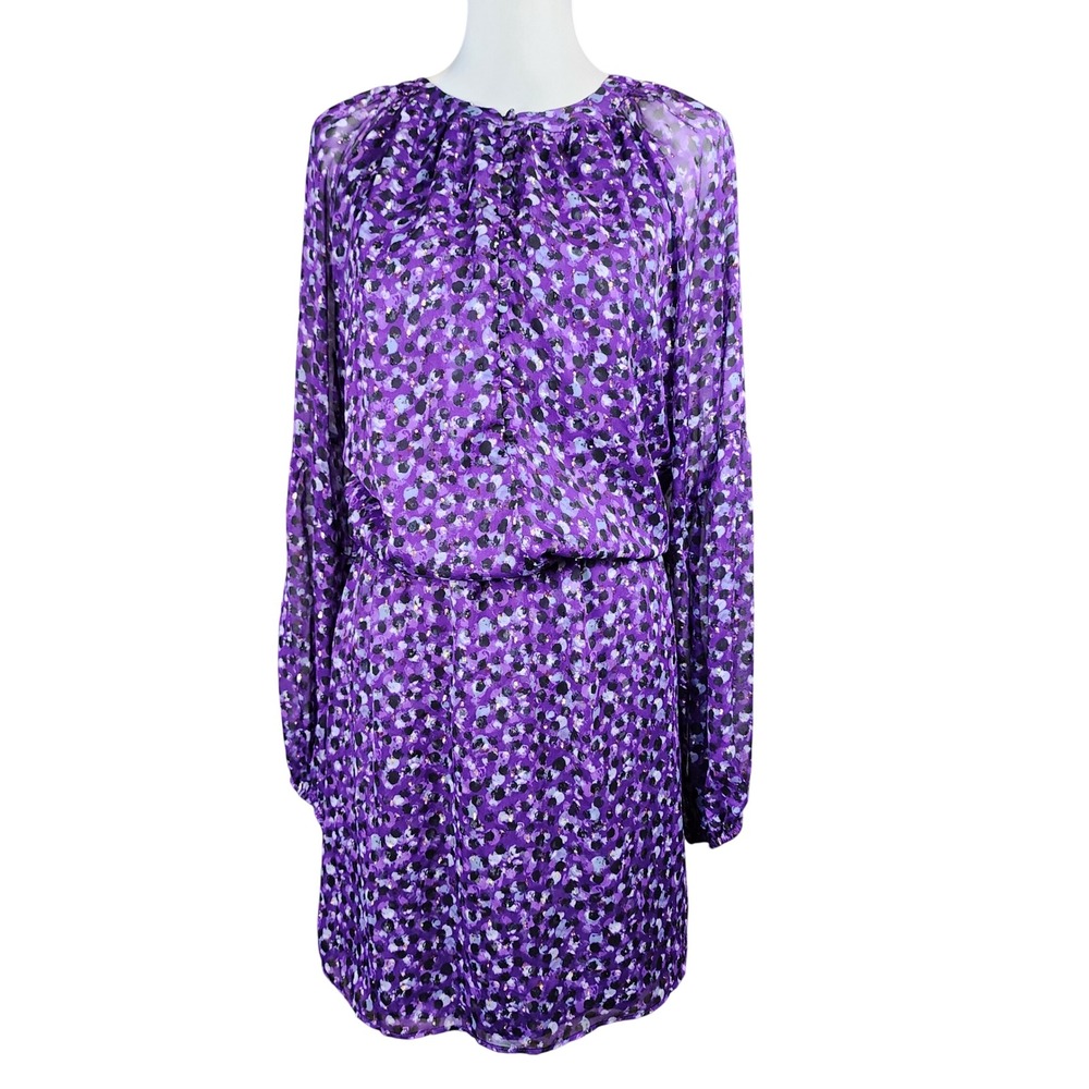 White House Black Market Blouson Mini Dress Womens XL Purple Dot Metallic Casual